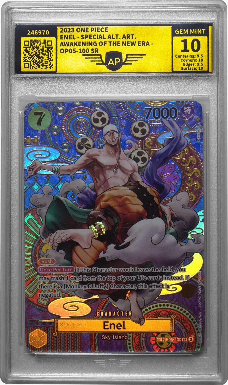 One Piece trading card ‘Enel’ (Special Alt Art) graded by AP Grading in an AP slab – top grade GEM MINT 10