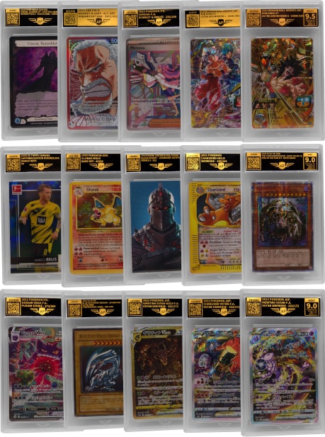 Grid of 15 slabs graded by AP Grading — Pokémon (incl. Charizard), One Piece, Yu-Gi-Oh! and sports cards with grades from 9.0 to 9.5