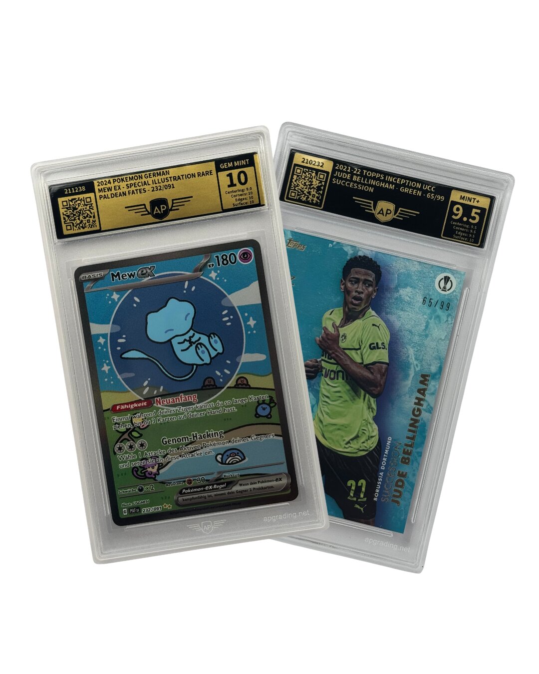 AP slabs: a graded Pokémon card (grade 10) and a sports card (grade 9.5)
