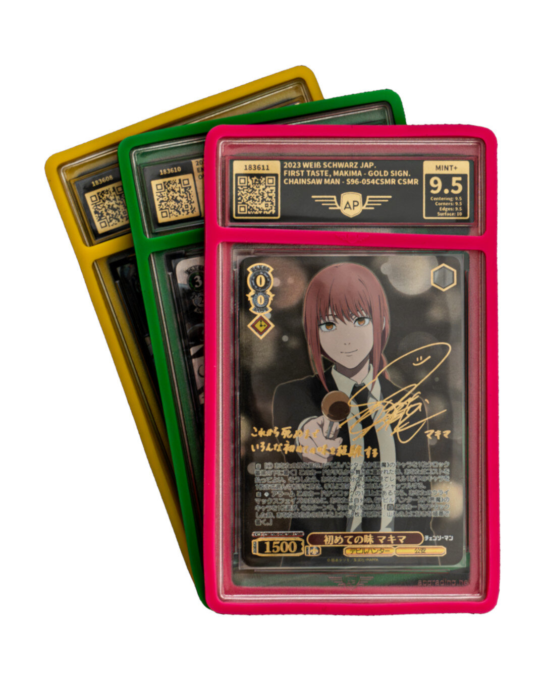 Three AP slabs in colored frames — incl. Chainsaw Man, MINT+ 9.5 with gold signature