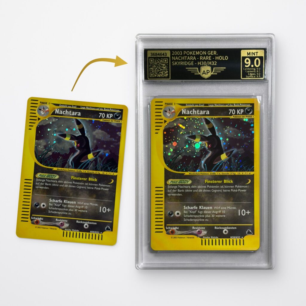 Card grading at AP Grading: Pokémon card before and after grading in the AP Case with grade MINT 9.0