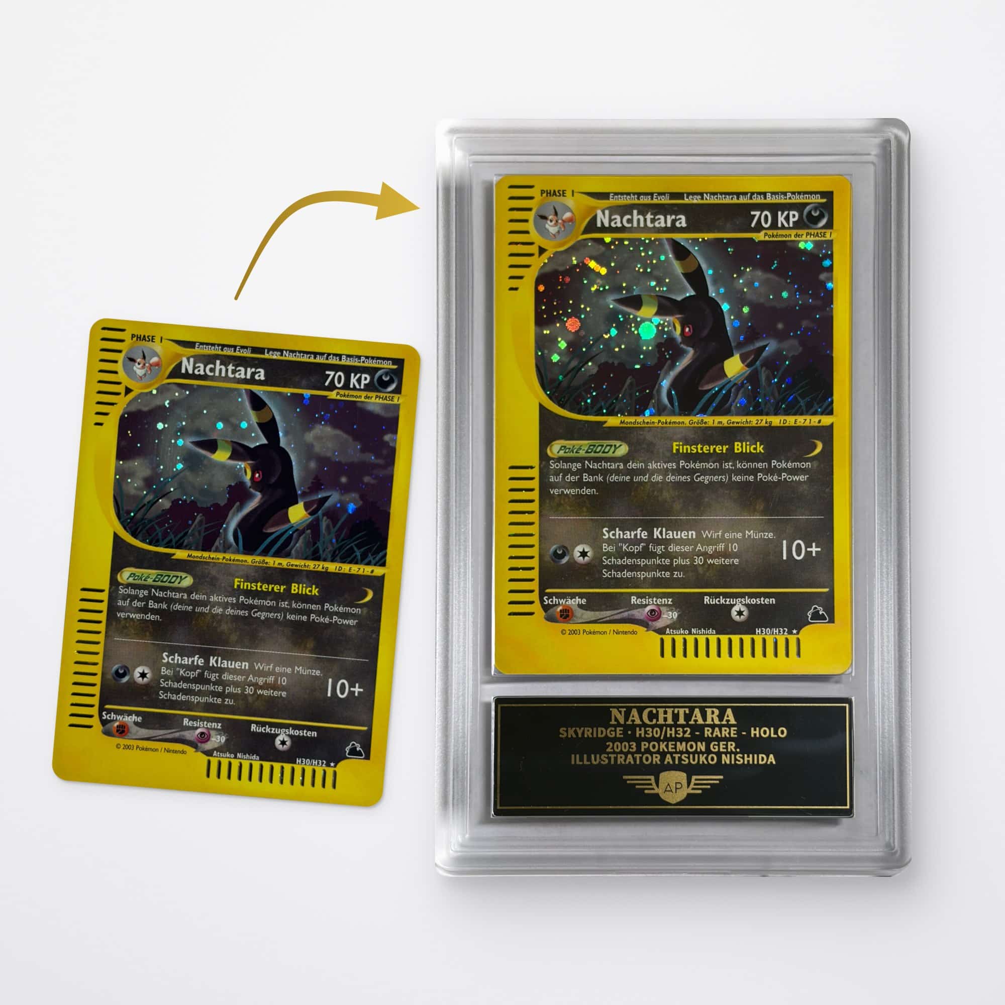 Card grading in the AP Gallery Case: Pokémon card before and after grading, with an engraved name plate below the card